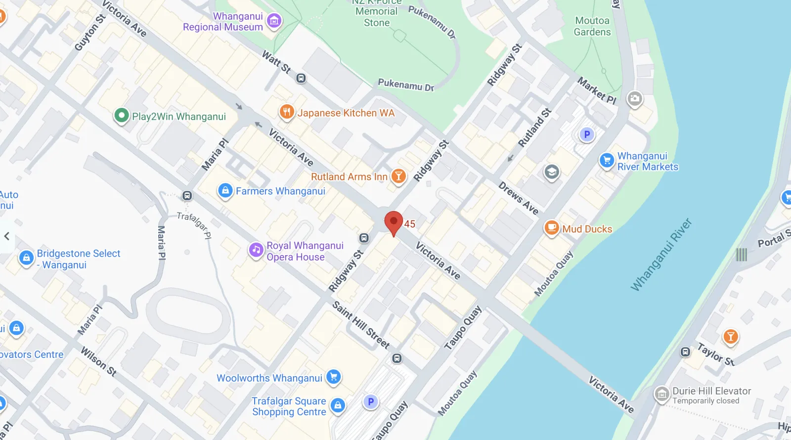 Map showing Rakilka’s location on Victoria Avenue in central Whanganui.
